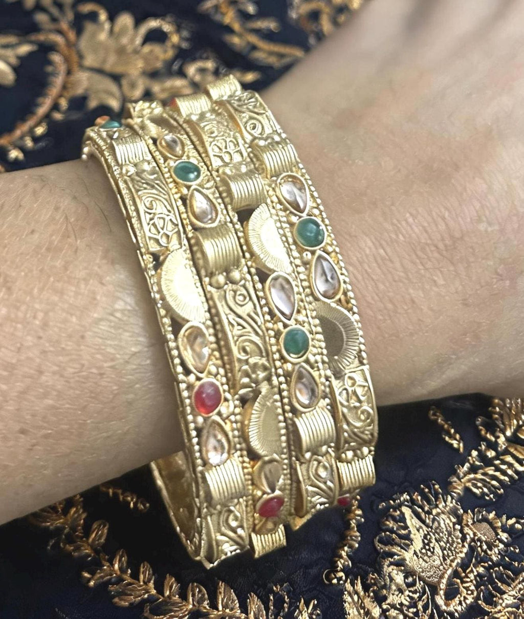 Traditional Indian Kundan Bangles Set | Antique Gold Bridal Kada Ethnic Jewelry | Set of 2 or 4