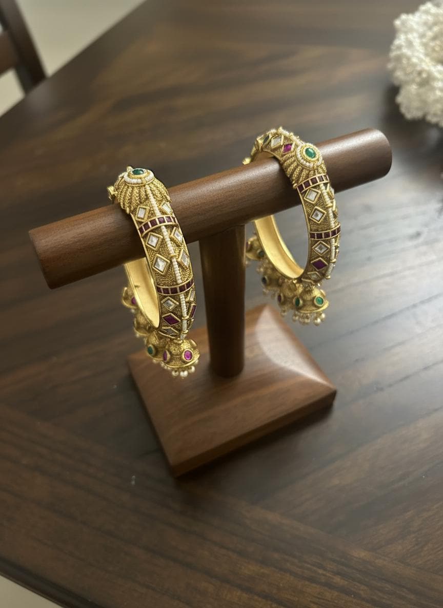Traditional Jhumki Charm Kada Bangles | Antique Gold Indian Bridal Bangles | Kundan Style Ethnic Bangles| Set of 2