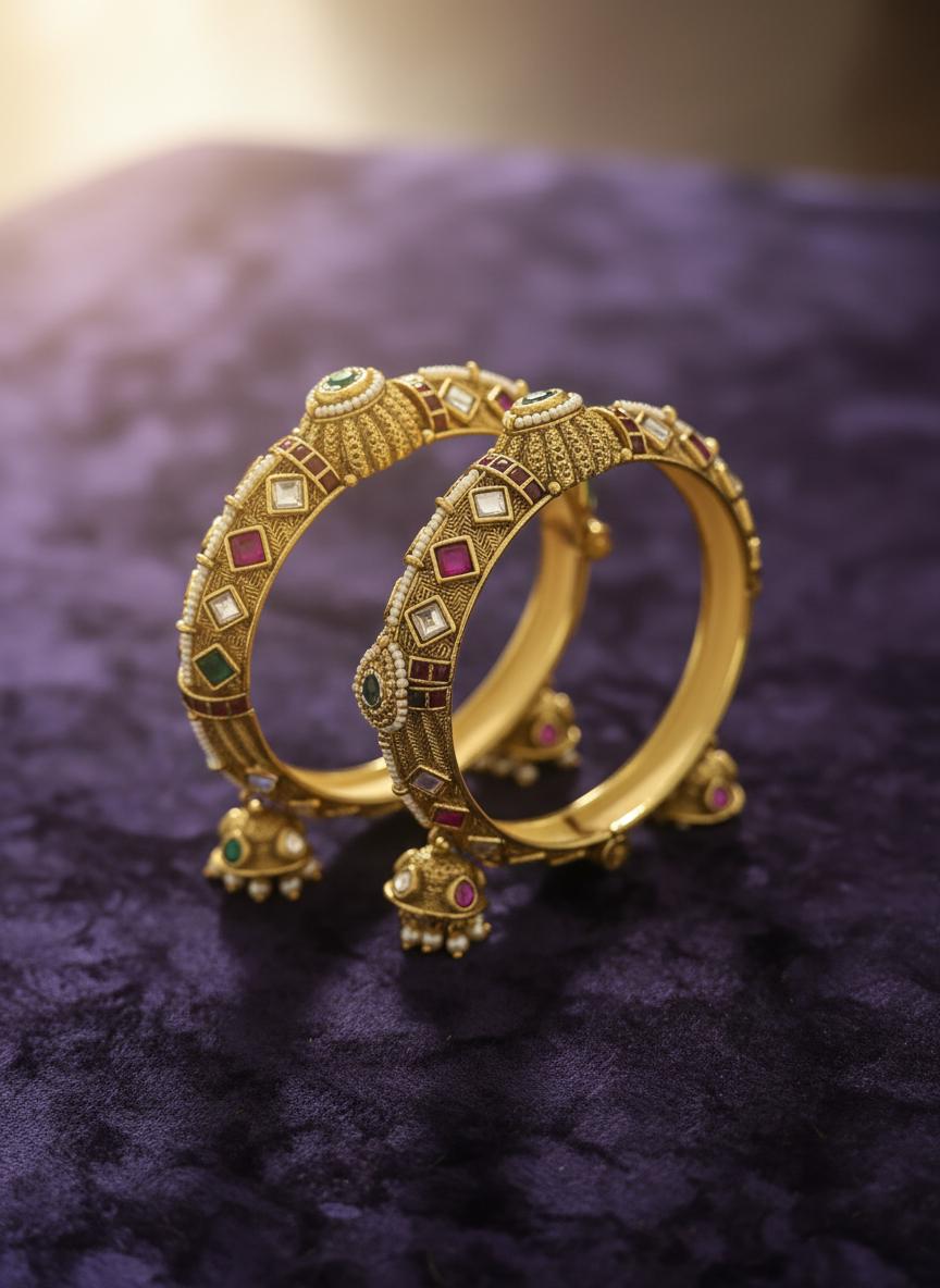 Traditional Jhumki Charm Kada Bangles | Antique Gold Indian Bridal Bangles | Kundan Style Ethnic Bangles| Set of 2