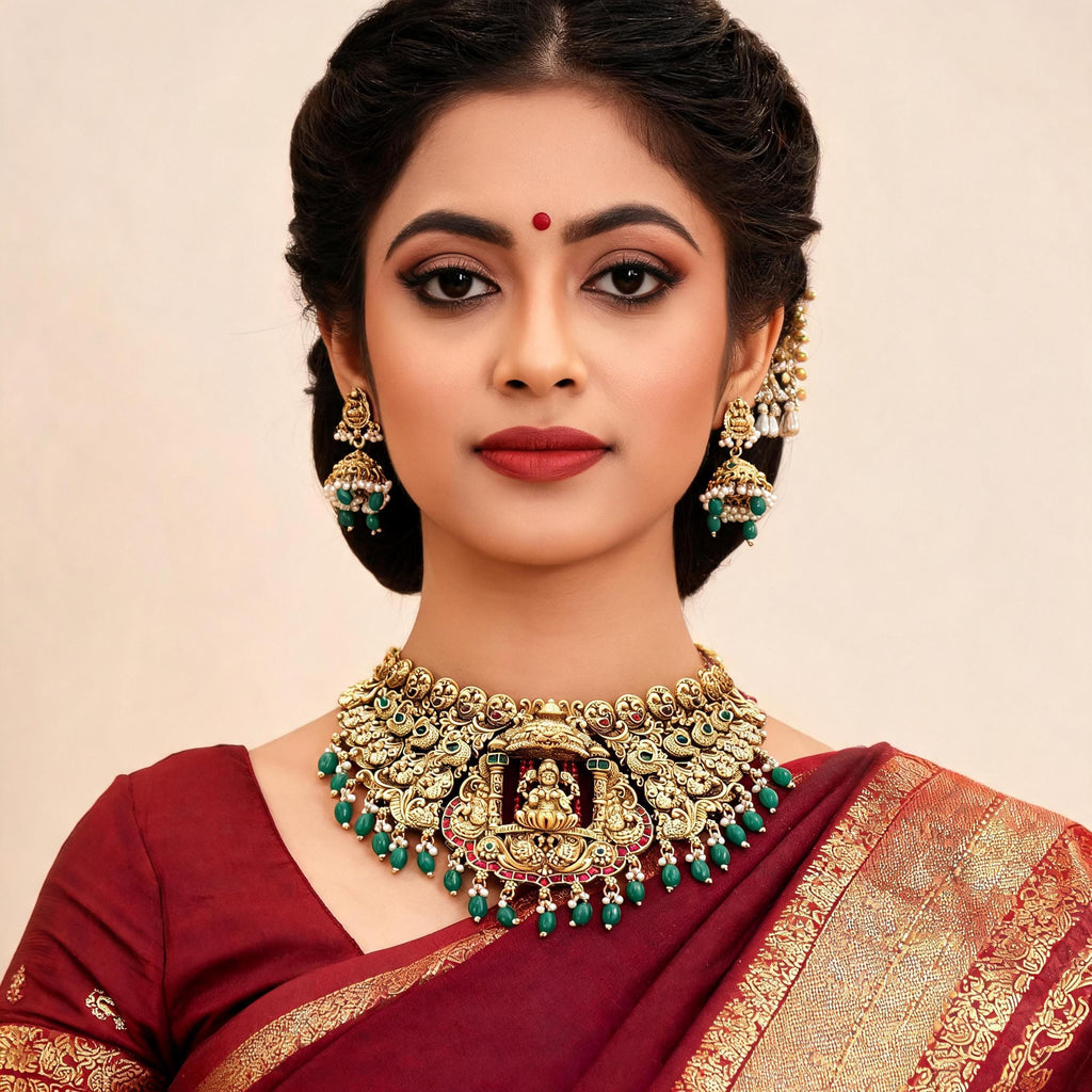 Temple Lakshmi Choker Necklace Set – South Indian Bridal Jewelry | Antique Gold Statement Necklace with Jhumka Earrings