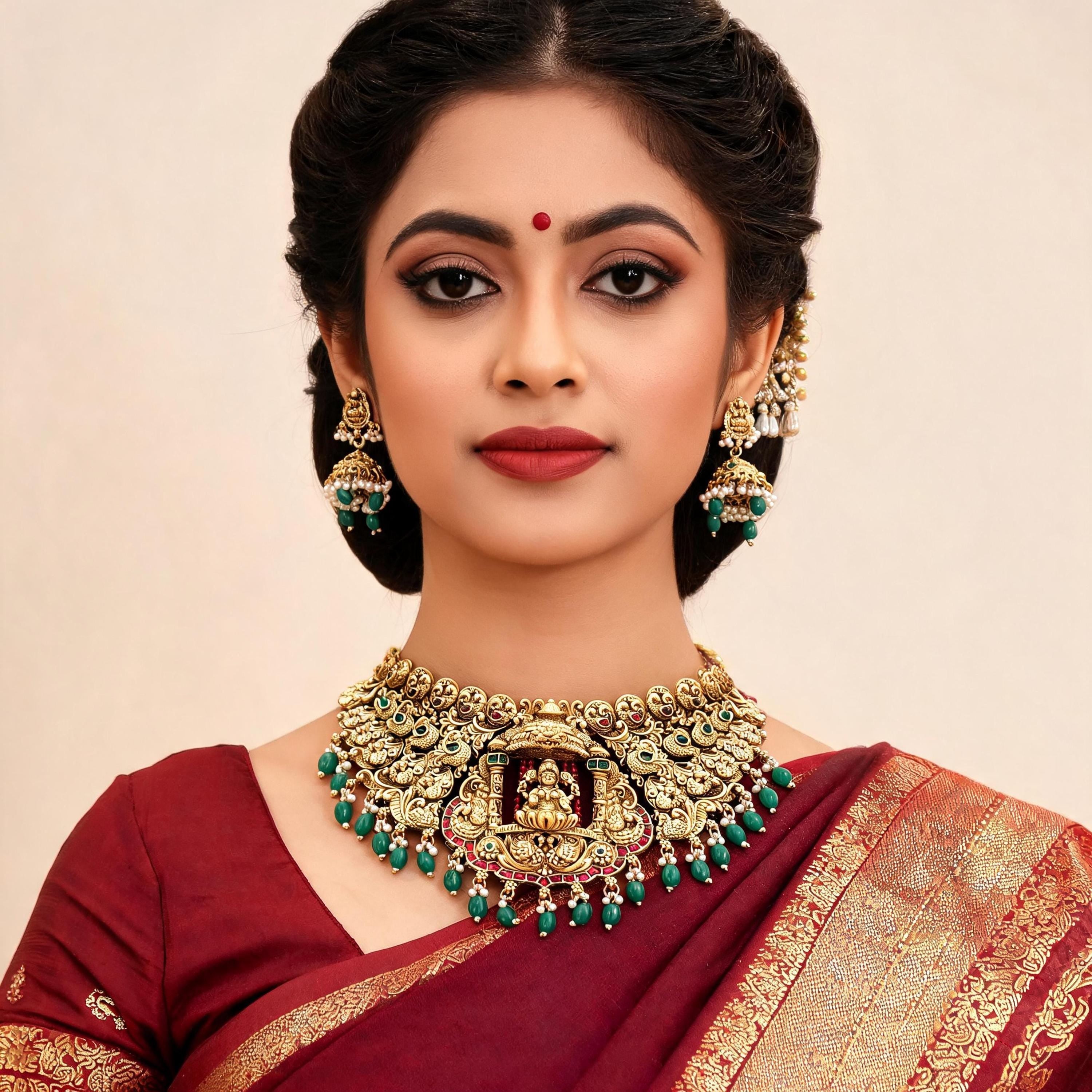 Temple Lakshmi Choker Necklace Set – South Indian Bridal Jewelry | Antique Gold Statement Necklace with Jhumka Earrings