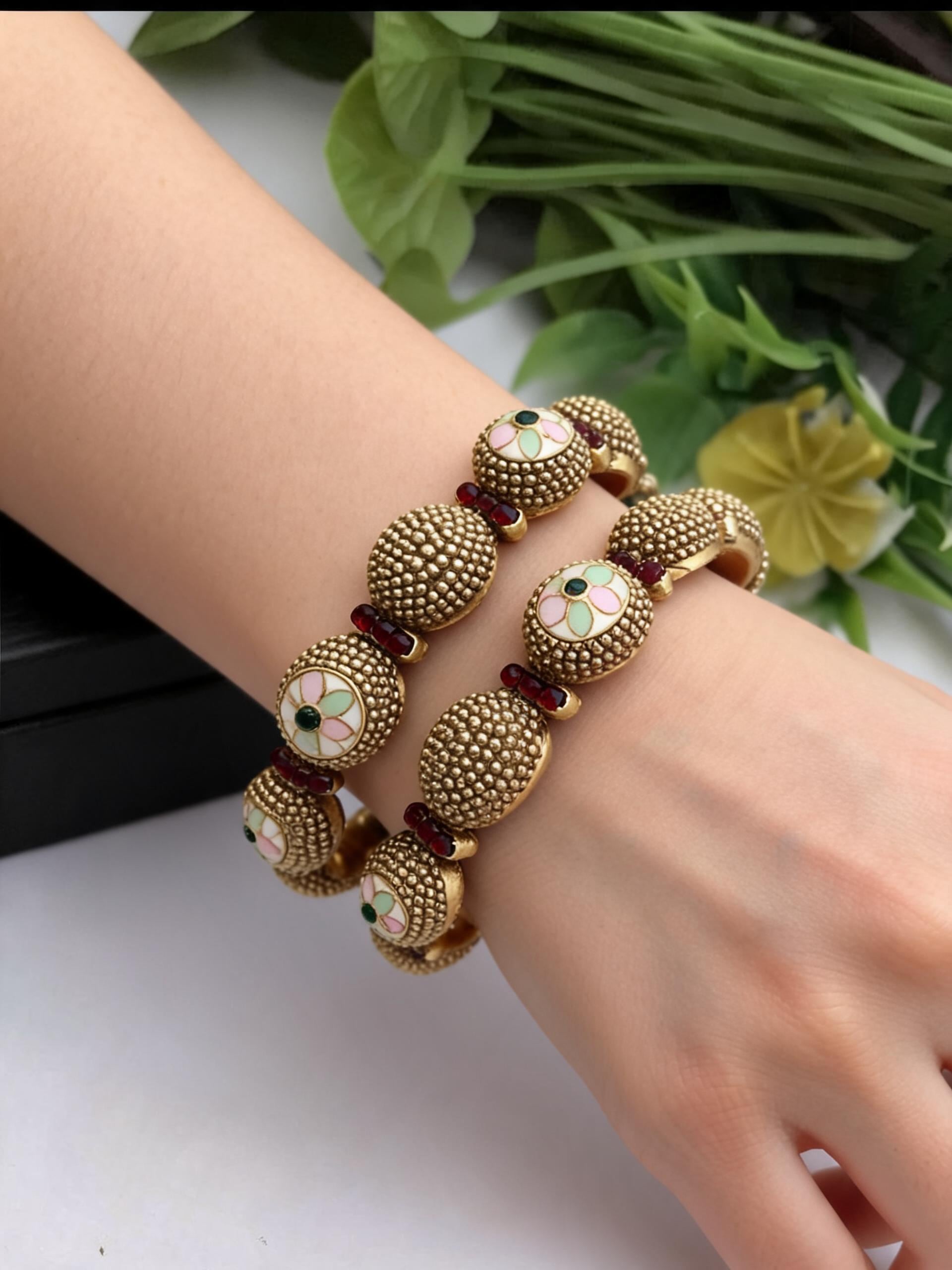 Traditional Antique Gold Tone Bangles |  Indian Bangles Set | Floral Meenakari Kada | Festive & Wedding Jewelry | Size 2.4 2.6 | Set of 2