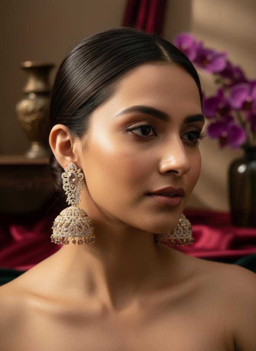 Rose Gold Blush Mauve-Lilac Stones Teardrop Jhumka Earrings | Indian Bridal Wedding Jewelry