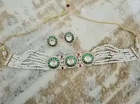 Emerald Kundan Choker Necklace Set with Stud Earrings | Indian Bridal Jewelry | Festive Ethnic Set