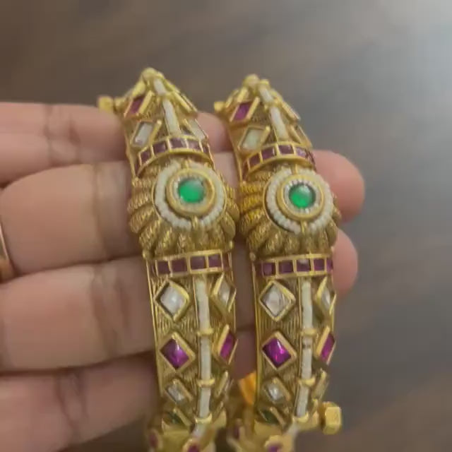 Traditional Jhumki Charm Kada Bangles | Antique Gold Indian Bridal Bangles | Kundan Style Ethnic Bangles| Set of 2