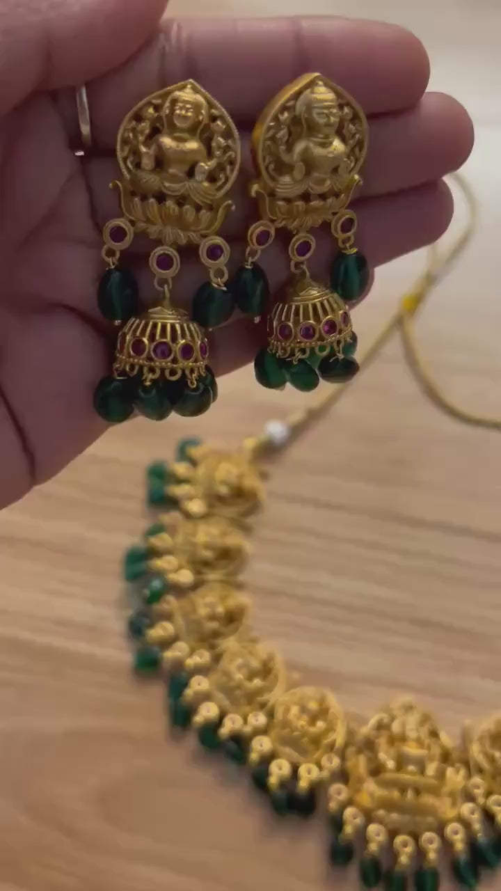 Lakshmi Temple Necklace Set | Antique Gold Jhumka Earrings, South Indian Bridal Jewelry