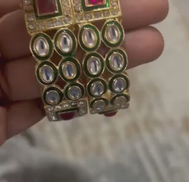 Handcrafted Kundan Kada Bangles Set – Green & Ruby Red Stone Bracelet Cuff – Traditional Indian Ethnic Jewelry | Size 2.4| Set of 2