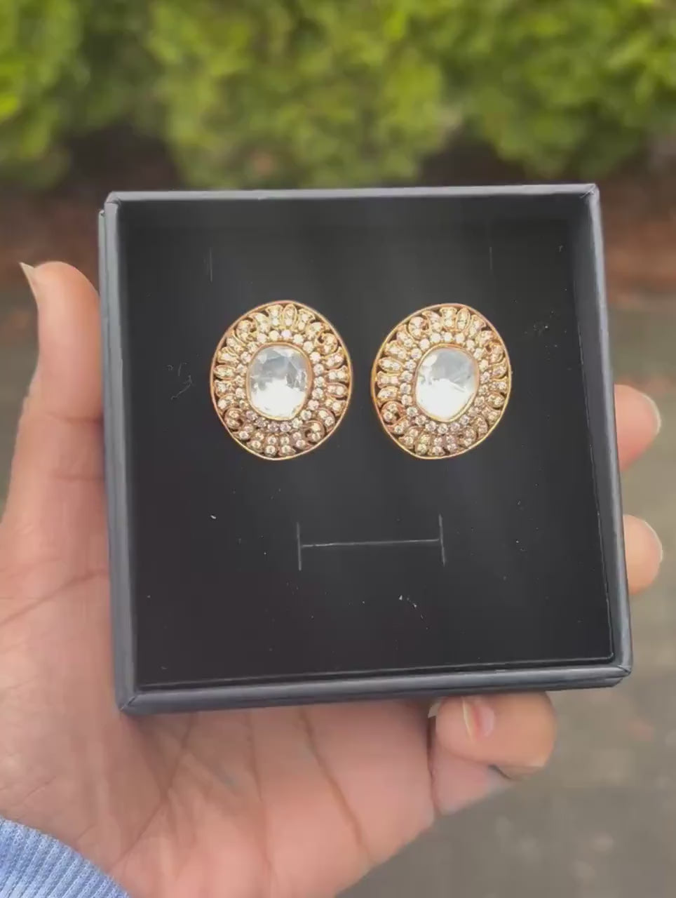 Oval Kundan Stud Earrings | Gold Plated Polki Style Halo Studs | Bridal & Festive Indian Earrings