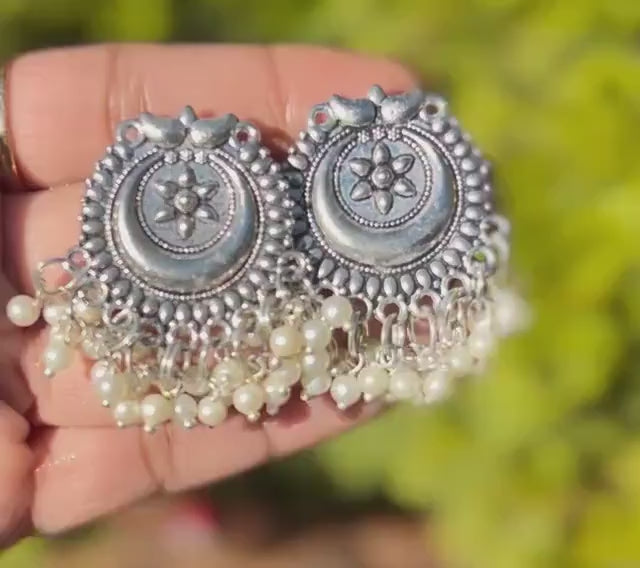 Oxidized Silver Jhumka Earrings | Vintage Indian Pearl Danglers