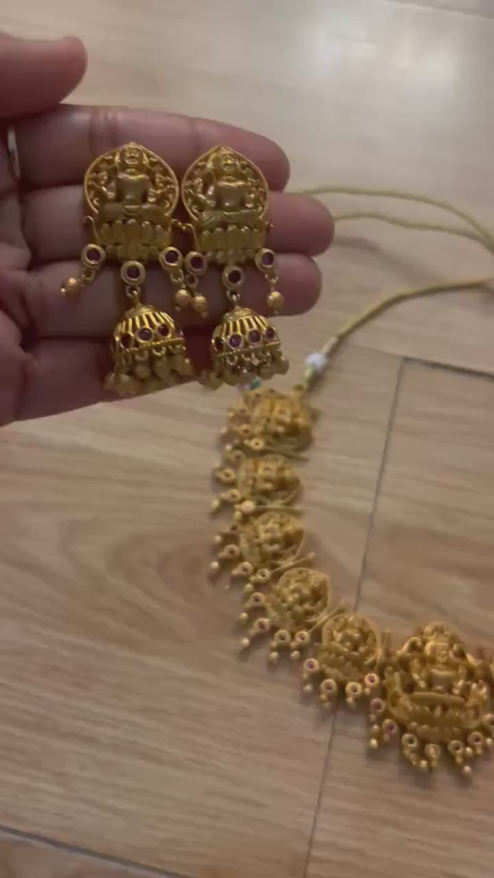 Lakshmi Temple Necklace Set | Antique Gold Jhumka Earrings, South Indian Bridal Jewelry
